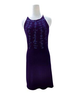 Vintage Dress Y2K 90s Navy Blue Halter Neck Velvet Floral Embellished XS